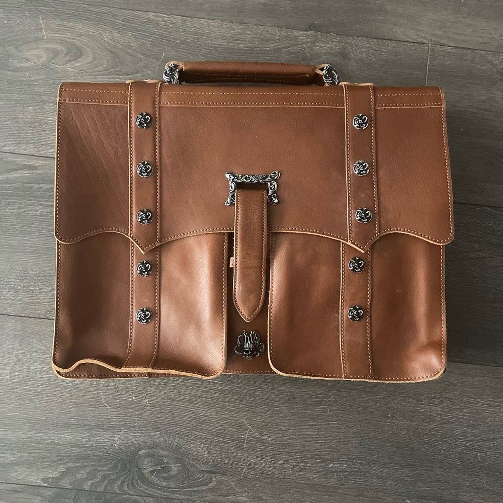 Zeyner Cognac Italian Vachetta Leather Saddle Bag Laptop Briefcase 16”